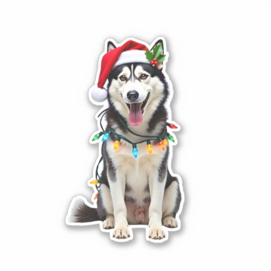 Husky Dog Santa Hat Christmas Tree Xmas Gifts For  Sticker (Voorkant)