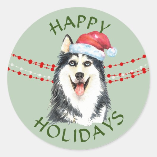Husky Dog Santa Hat Prettige feestdagen Ronde Sticker (Voorkant)