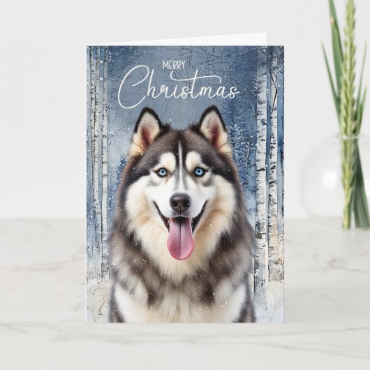 Husky Dog Snowy Winter Forest Christmas Feestdagen Kaart (Voorkant)