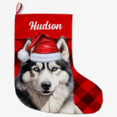 Husky Dog's Naam Red Buffalo Plaid Gepersonaliseer Grote Kerstsok (Voorkant)