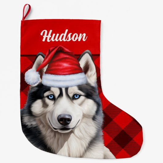 Husky Dog's Naam Red Buffalo Plaid Gepersonaliseer Grote Kerstsok (Voorkant)