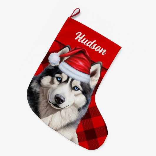 Husky Dog's Naam Red Buffalo Plaid Gepersonaliseer Grote Kerstsok (Voorkant (Hangend))