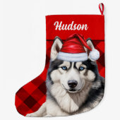 Husky Dog's Naam Red Buffalo Plaid Gepersonaliseer Grote Kerstsok (Achterkant)