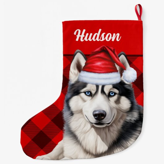Husky Dog's Naam Red Buffalo Plaid Gepersonaliseer Grote Kerstsok (Achterkant)