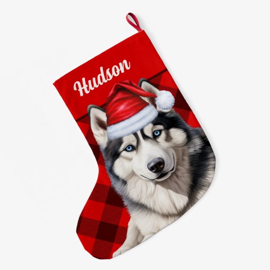 Husky Dog's Naam Red Buffalo Plaid Gepersonaliseer Grote Kerstsok (Achterkant (Hangend))
