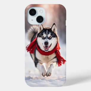 Husky draagt een rode wintersjaal iPhone 15 case