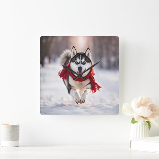 Husky draagt een rode wintersjaal vierkante klok (Huis)