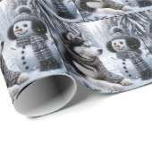 Husky en sneeuwman in de winter Bossen Cadeaupapier (Rol Hoek)