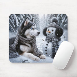 Husky en sneeuwman in de winter Bossen Muismat