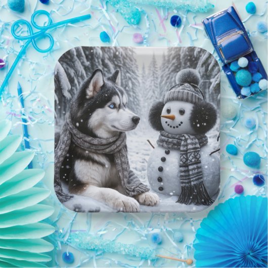 Husky en sneeuwman in de winter Bossen Papieren Bordje (Feest)