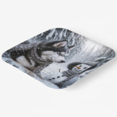 Husky en sneeuwman in de winter Bossen Papieren Bordje (Gebogen)