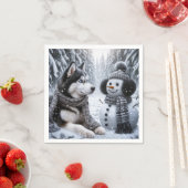 Husky en sneeuwman in de winter Bossen Servet (Insitu)