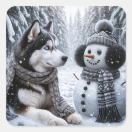 Husky en sneeuwman in de winter Bossen Vierkante Sticker