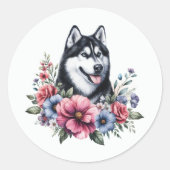 Husky Floral Ronde Sticker (Voorkant)