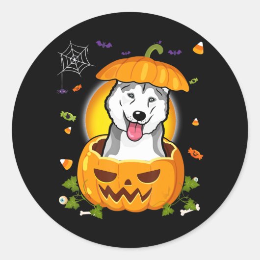 Husky Gift | Halloween Dog Witch Pumpkin Husky Ronde Sticker (Voorkant)