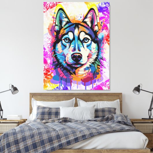 Husky Head - Kleurrijke Husky Dog Painting Canvas Afdruk (Insitu (Slaapkamer))