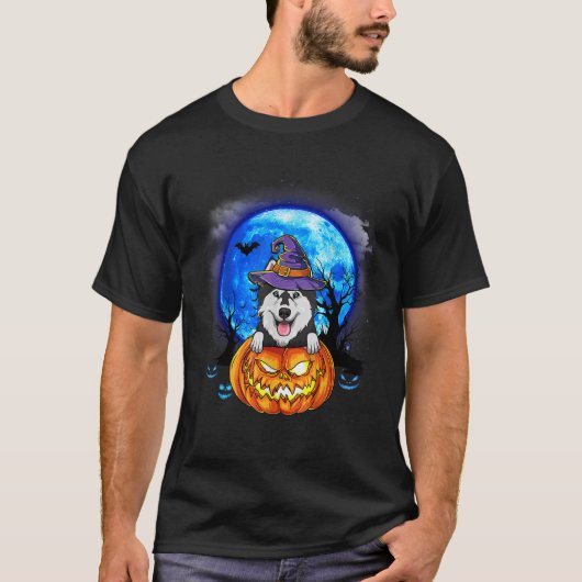 Husky Heks Pet Pompoen Scary Halloween Hondenliefh T-shirt (Voorkant)
