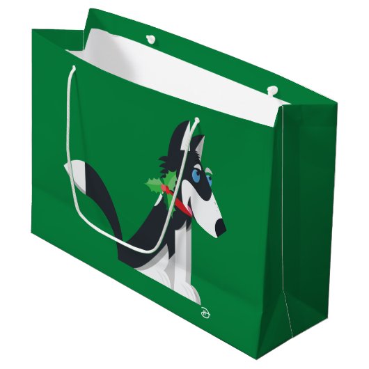 Husky Holiday - Large Gift Bag (groen) Groot Cadeauzakje (Voorkant Gekanteld)