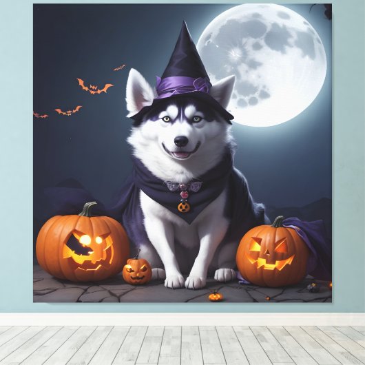 Husky Hond Halloween Avontuur Moonlit Magic Spooky Canvas Afdruk (Insitu (Houten vloer))