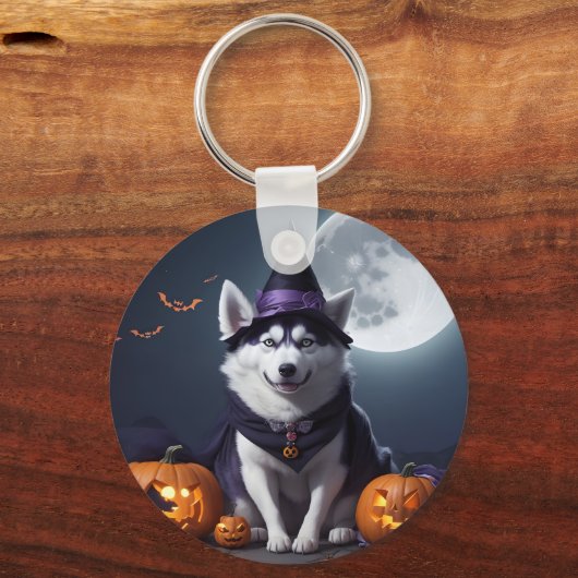 Husky Hond Halloween Avontuur Moonlit Magic Spooky Sleutelhanger (Voorkant)