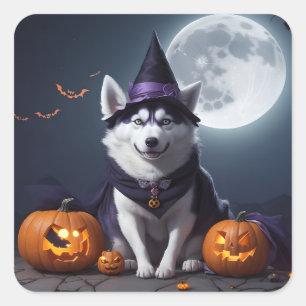 Husky Hond Halloween Avontuur Moonlit Magic Spooky Vierkante Sticker