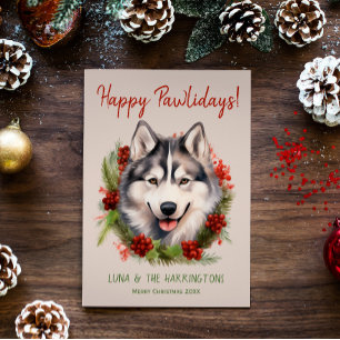 Husky Hond Kerstmis Gelukkige Pawholidays Feestdagenkaart