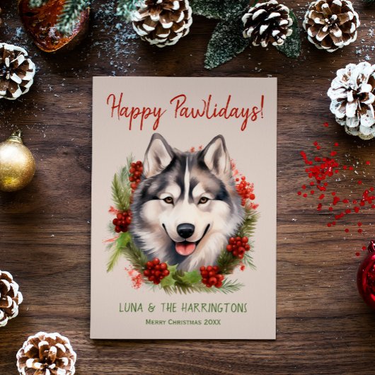 Husky Hond Kerstmis Gelukkige Pawholidays Feestdagenkaart
