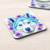 Husky hond met blauwe ogen en bloemen bier onderzetter (Linkerzijde)