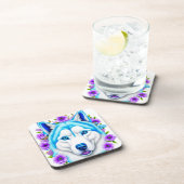 Husky hond met blauwe ogen en bloemen bier onderzetter (Rechterzijde)