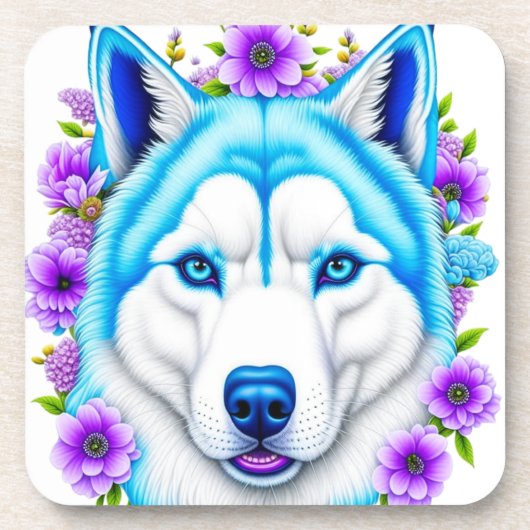 Husky hond met blauwe ogen en bloemen bier onderzetter (Voorkant)