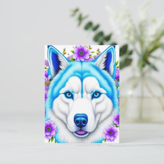 Husky hond met blauwe ogen en bloemen briefkaart (Staand voorkant)