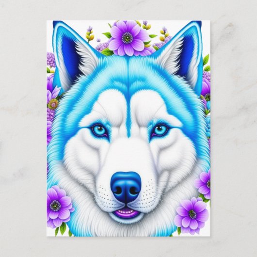 Husky hond met blauwe ogen en bloemen briefkaart (Voorkant)