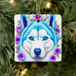 Husky-hond met blauwe ogen en bloemen Kerstmis Keramisch Ornament