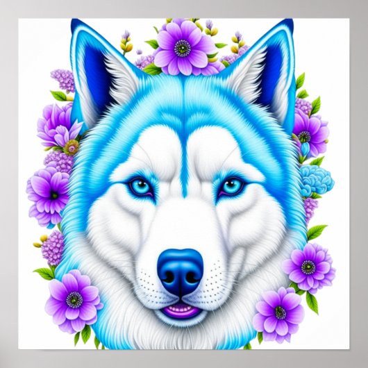 Husky hond met blauwe ogen en bloemen poster (Voorkant)
