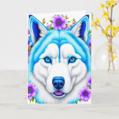 Husky hond met blauwe ogen en bloemen Verjaardag Kaart (Gele Bloem)