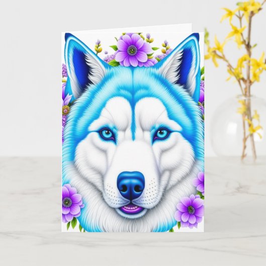 Husky hond met blauwe ogen en bloemen Verjaardag Kaart (Gele Bloem)