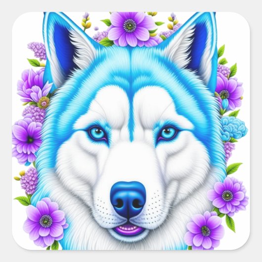 Husky hond met blauwe ogen en bloemen vierkante sticker (Voorkant)
