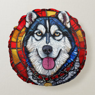 Husky hond met levendig rood en blauw ontwerp rond kussen