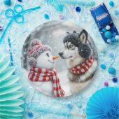 Husky hond met sneeuwpop papieren bordje (Feest)