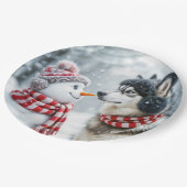 Husky hond met sneeuwpop papieren bordje (Gekanteld)