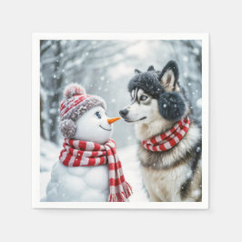 Husky hond met sneeuwpop servet