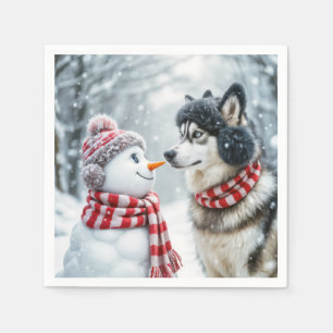 Husky hond met sneeuwpop servet