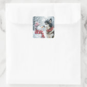 Husky hond met sneeuwpop vierkante sticker (Tas)