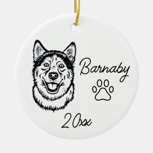 Husky Hond Naam en Jaar Lijntekening op Maat Keramisch Ornament (Voorkant)