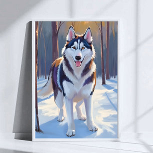 Husky   Hond Winter Watercolor Huisdier Schilderij Poster