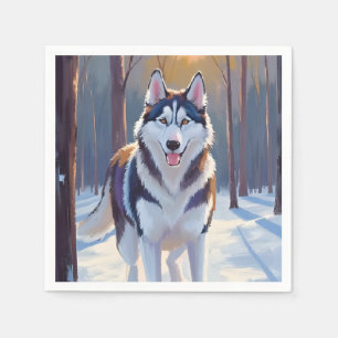 Husky   Hond Winter Watercolor Huisdier Schilderij Servet