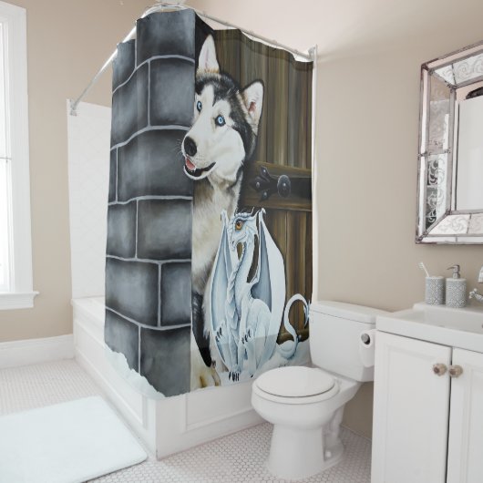 Husky Hond Witte Draak Avontuur Douchegordijn (In situ)