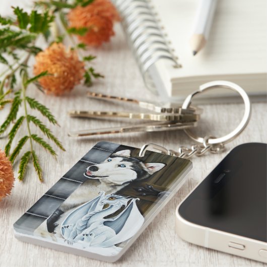 Husky Hond Witte Draak Avontuur Sleutelhanger (Voorkant Rechts)