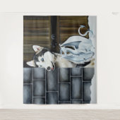 Husky Hond Witte Draak Avontuur Wandkleed (Voorkant)