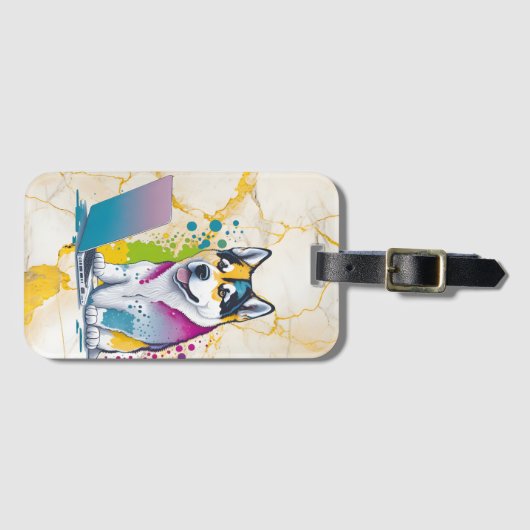 Husky Hondencomputer Rainbow Waterverf Tech Savvy Bagagelabel (Voorkant (horizontaal))